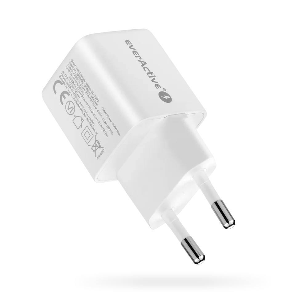 Įkroviklis - everActive 20 W 1xUSB 1xUSB-C QC3.0 PD GaN Kompaktiškas Baltas