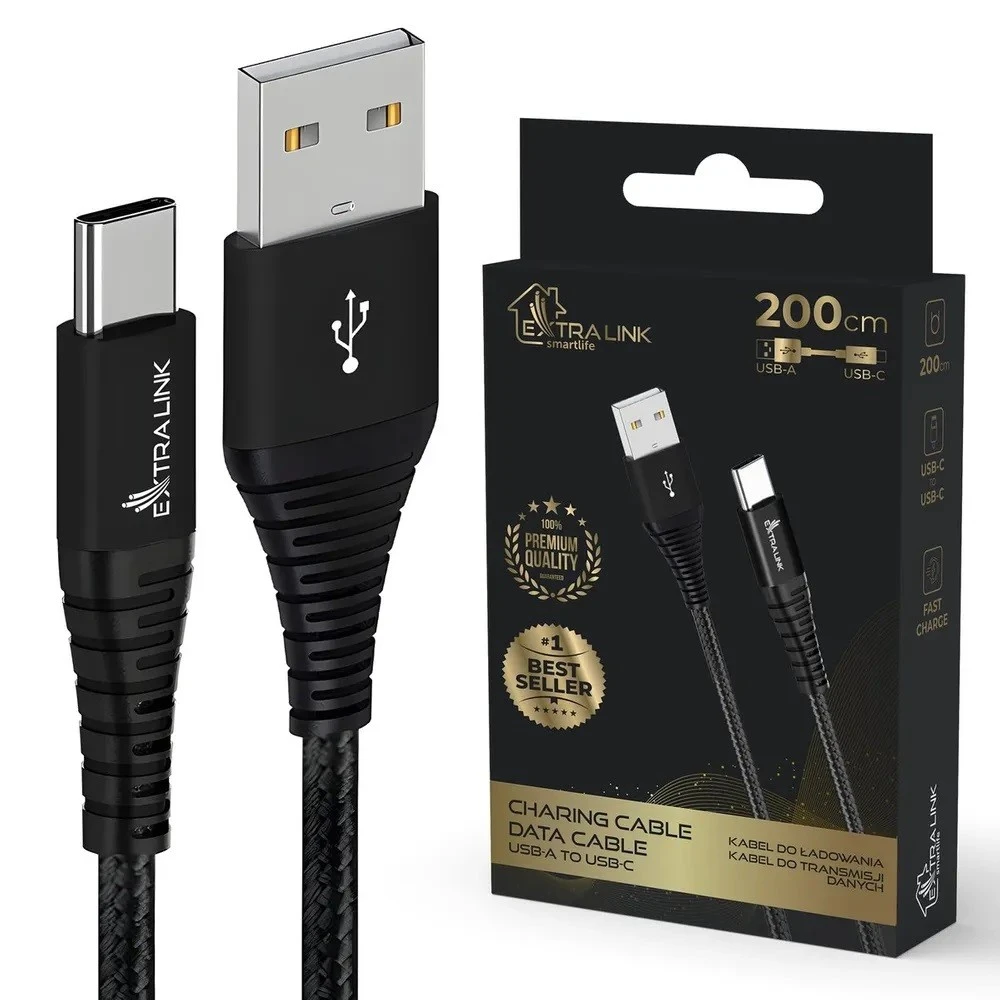 Extralink Smart Life Braided 15W USB Type-A iki Type-C 2m 5V 3A juoda