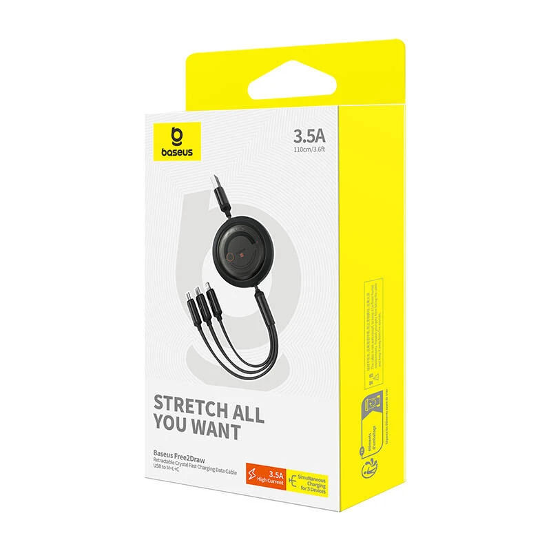 Greito įkrovimo laidas 3in1 Baseus Free2Draw, USB į mikro USB+USB-C+Lightning, 3.5A, 1.1m (juodas)