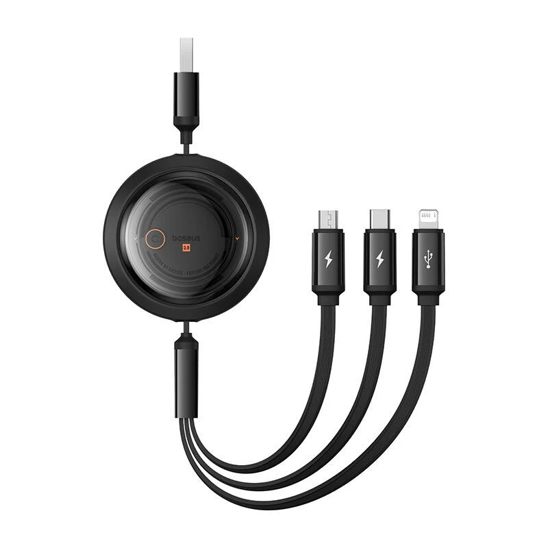 Greito įkrovimo laidas 3in1 Baseus Free2Draw, USB į mikro USB+USB-C+Lightning, 3.5A, 1.1m (juodas)