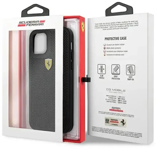Ferrari FESPEHCP12LBK Apple iPhone 12 Pro Max 6,7″ juodos spalvos kietas dėklas On Track Perforated