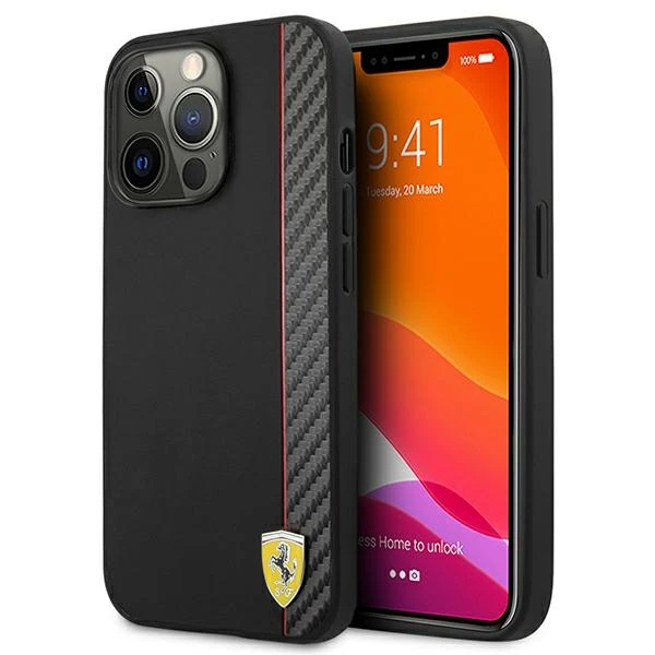 „Ferrari FESAXHCP13XBK iPhone 13 Pro Max“ 6,7 colio juodas kietas dėklas „On Track Carbon Stripe“