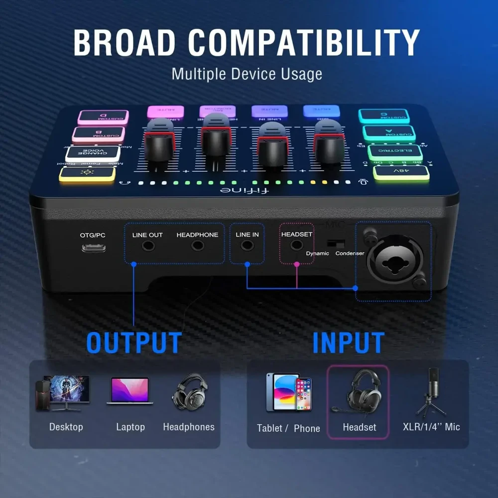 FIFINE SC3 audio mixer RGB juoda