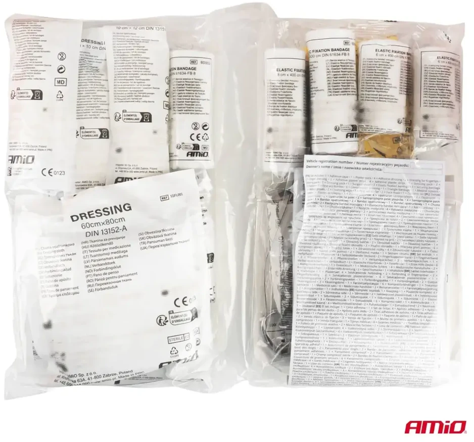 Automobilinė vaistinėlė plastikinėje dėžutėje DIN 13164 su antgaliu amio-05012