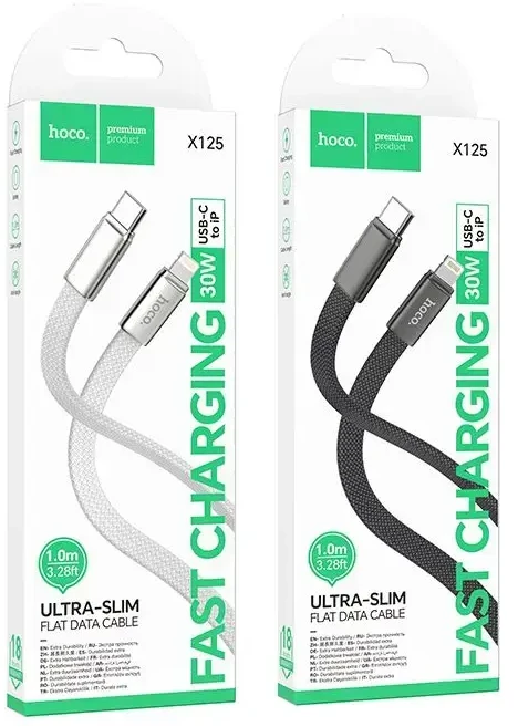 Flat Cable USB C to Lightning Hoco PD 30W 1 m X125 baltas