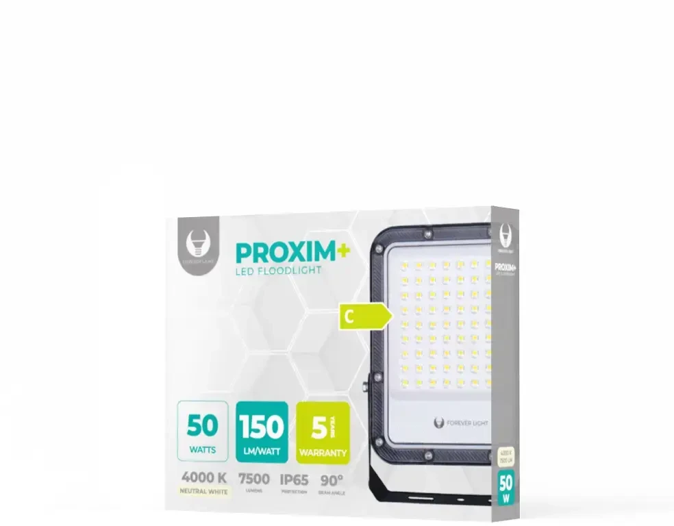 „Telforceone“ LED prožektorius PROXIM+ 50W 4000K 7500lm 230V IP65 „Forever Light“ 150lm/W 5 metų garantija