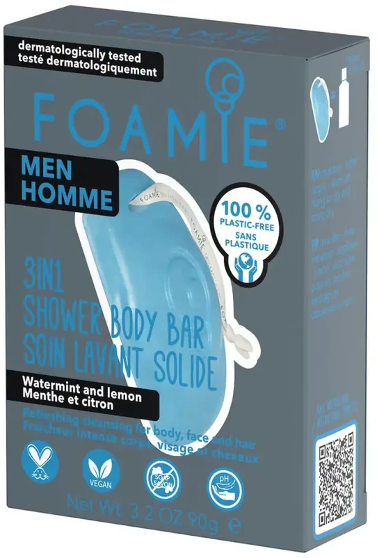 Kietasis prausiklis vyrams Foamie 3 in 1 Shower Body Bar For Men Seas the Day, su mėtomis ir citrina