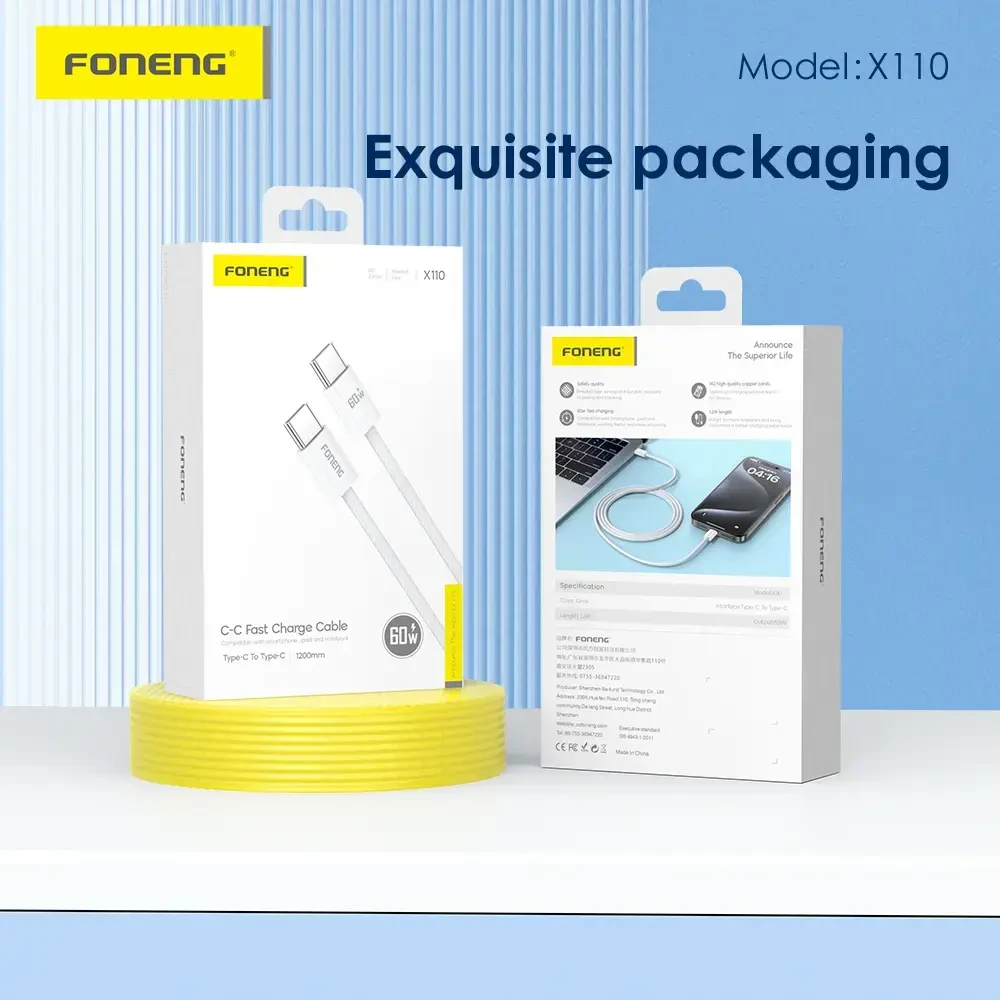 Foneng kabelis X110 – Type C į Type C – PD 60W 3A 1,2 metras baltos spalvos