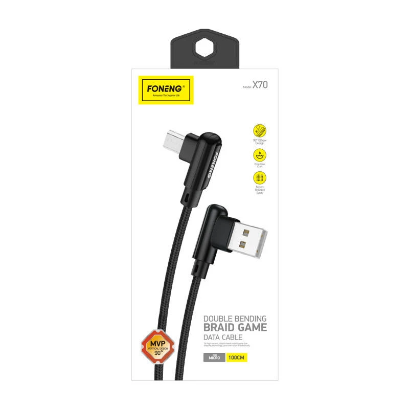 Foneng X70 kampinis USB į mikro USB laidas, 3A, 1m (juodas)