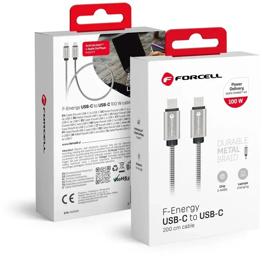 USB C į USB C laidas Forcell F-Energy QC4.0 PD 5A 100W E-Mark metalinis 2 m C239 sidabrinis