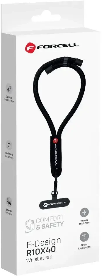 FORCELL F-DESIGN R10X40 riešo telefono virvelė su reguliuojamu ilgiu (maks. 20 cm kilpoje) juoda