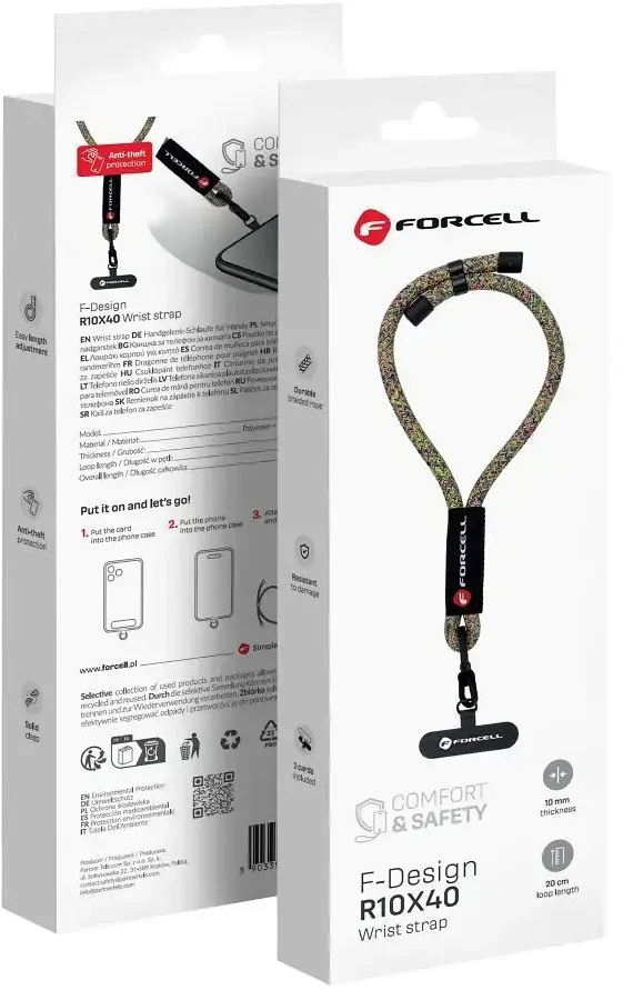 FORCELL F-DESIGN R10X40 riešo telefono virvelė su reguliuojamu ilgiu (maks. 20 cm kilpoje) žalias rožinis violetinis