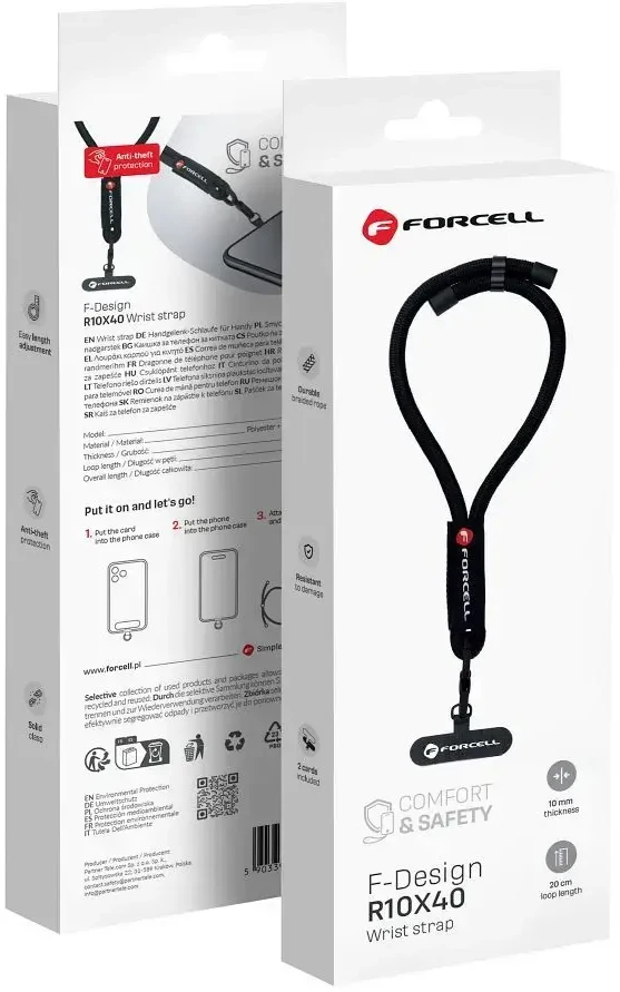FORCELL F-DESIGN R10X40 riešo telefono virvelė su reguliuojamu ilgiu (maks. 20 cm kilpoje) juoda