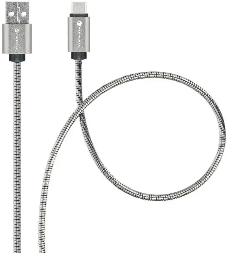 USB A į USB C laidas Forcell F-Energy QC3.0 66W metalinis 1 m C234 sidabrinis