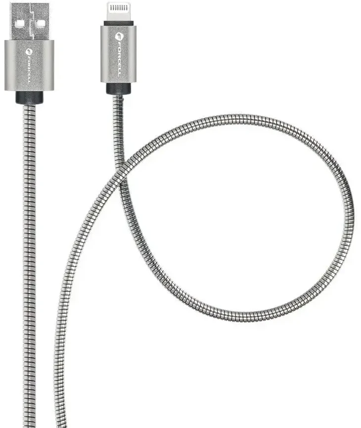 USB A tipo laidas su „Lightning“ jungtimi Forcell F-Energy 2,4A 12W, metalinis, 1 m, C236, sidabrinis