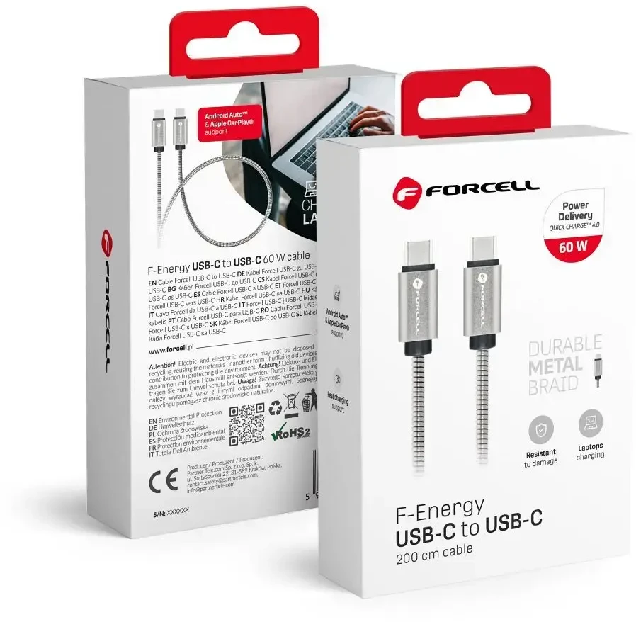 USB C į USB C laidas Forcell F-Energy QC4.0 PD 3A 66W metalinis 2 m C237 sidabrinis