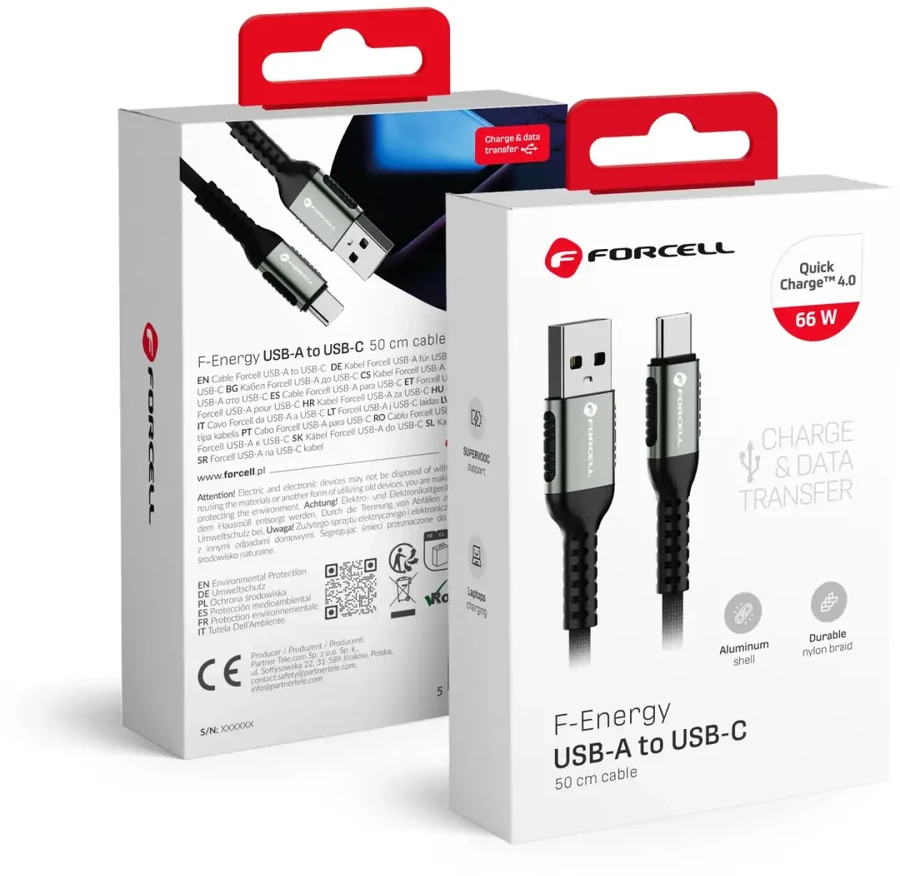 USB A į USB C laidas Forcell F-Energy QC4.0 3A 66W Cafule 0,5 m C256 juodas