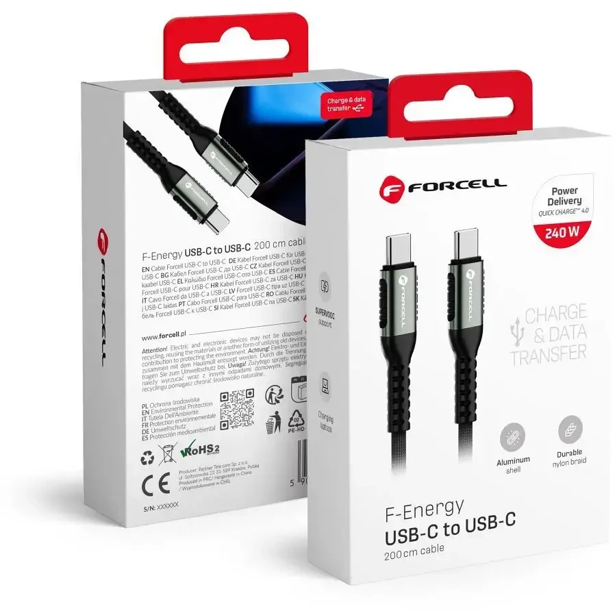 USB C į USB C laidas Forcell F-Energy QC4.0 PD 5A 240W Cafule 2 m C263 juodas