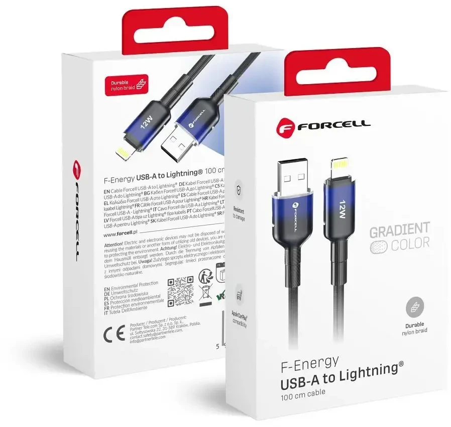 USB A tipo laidas su „Lightning“ jungtimi Forcell F-Energy 2,4A 12W gradientinis 1 m, C353, juodas