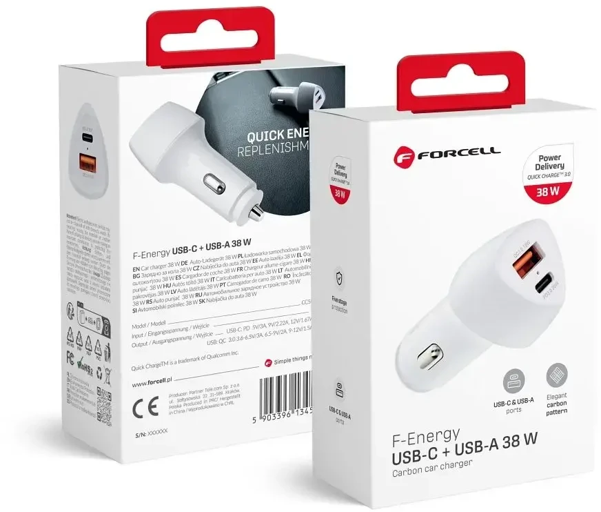 Įkroviklis automobilinis Forcell (CC50-1A1C) (1xUSB-C; 1xUSB; 5A 38W) baltas