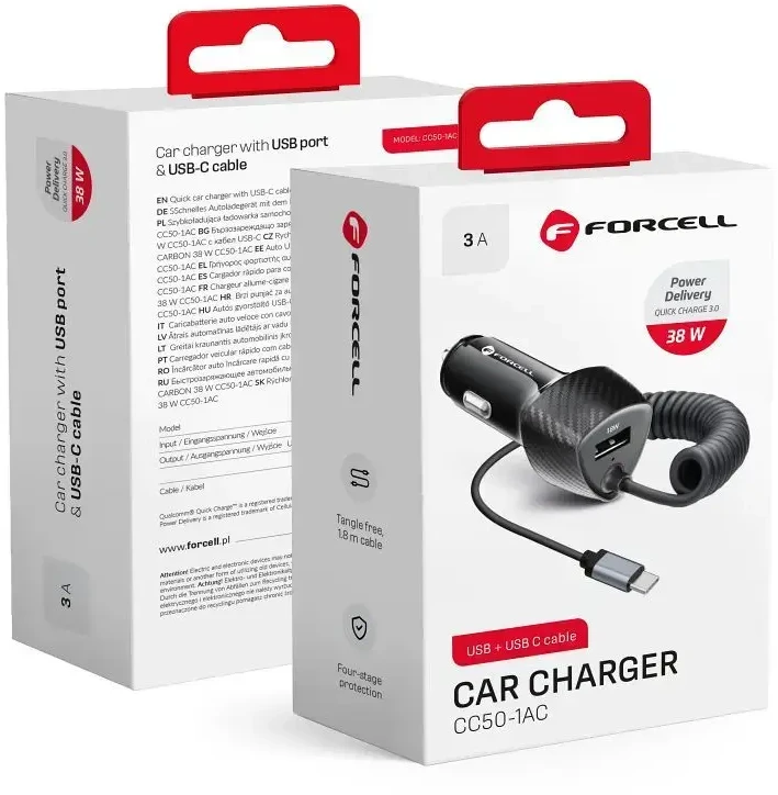 Automobilinis įkroviklis Forcell F-Energy Carbon USB A QC3.0 PD 3A 38W su laidu USB C CC50-1AC juodas
