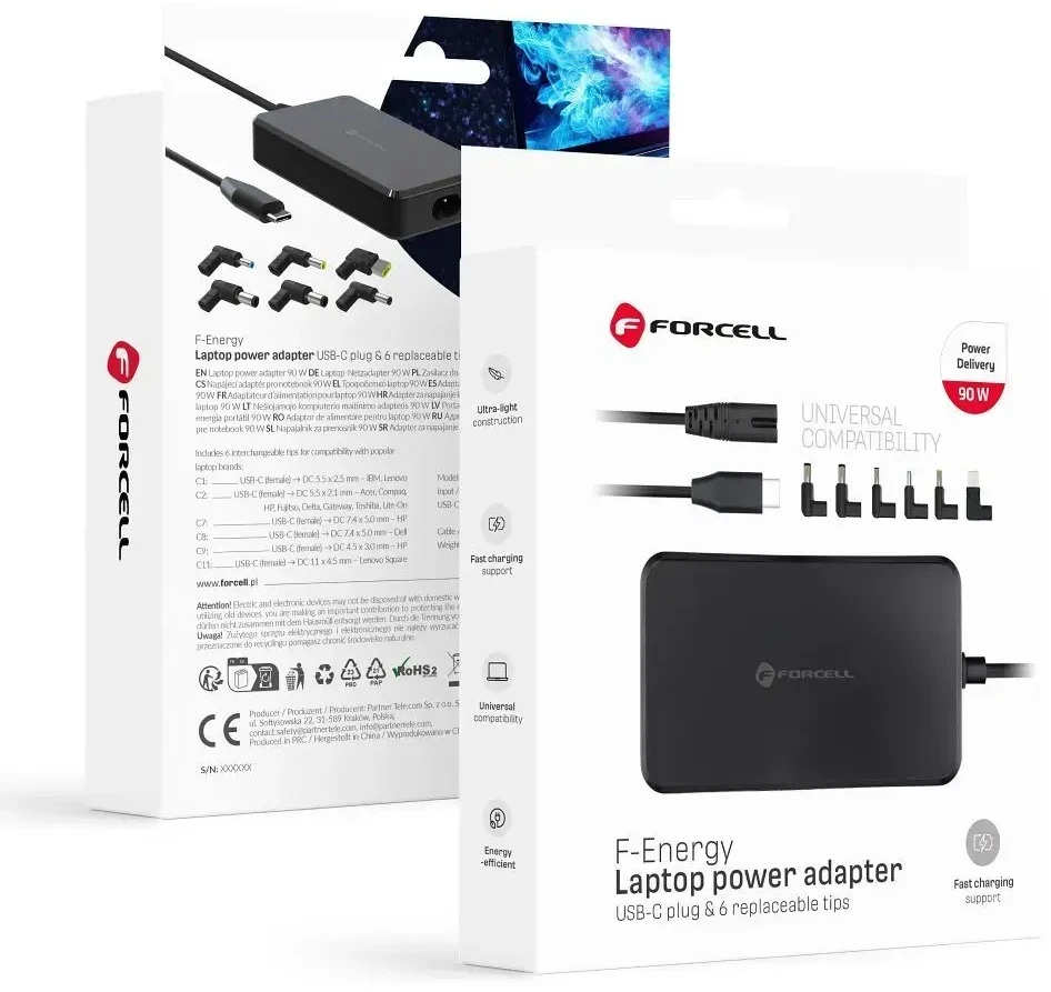 FORCELL F-ENERGY E856 universalus nešiojamojo kompiuterio įkroviklis 90W USB C + 6 adapteriai - juodas