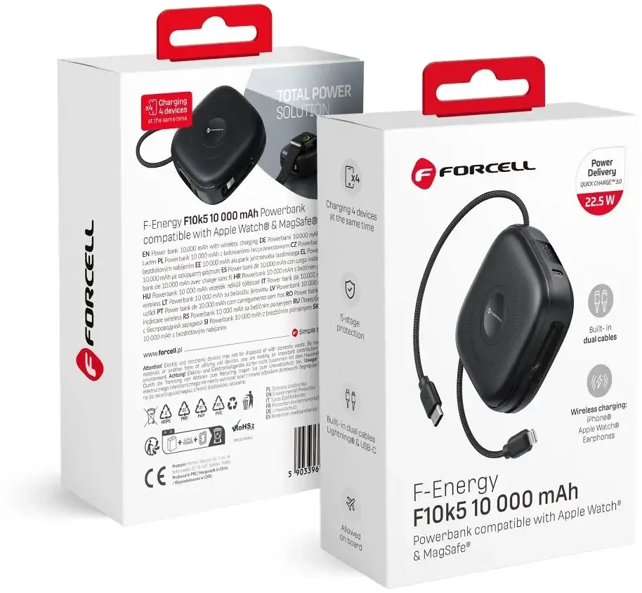 FORCELL F-ENERGY F10K5 maitinimo blokas, suderinamas su MagSafe PD3.1 QC3.0 3A 22,5W 10000 mAh juodas