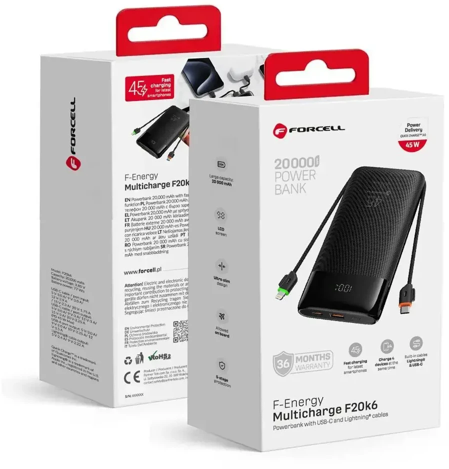 FORCELL F-ENERGY F20K6 Multicharge išorinė baterija su įmontuotais Type C ir Lightning kabeliais PD QC3.0 3A 35W 20000 mAh juoda