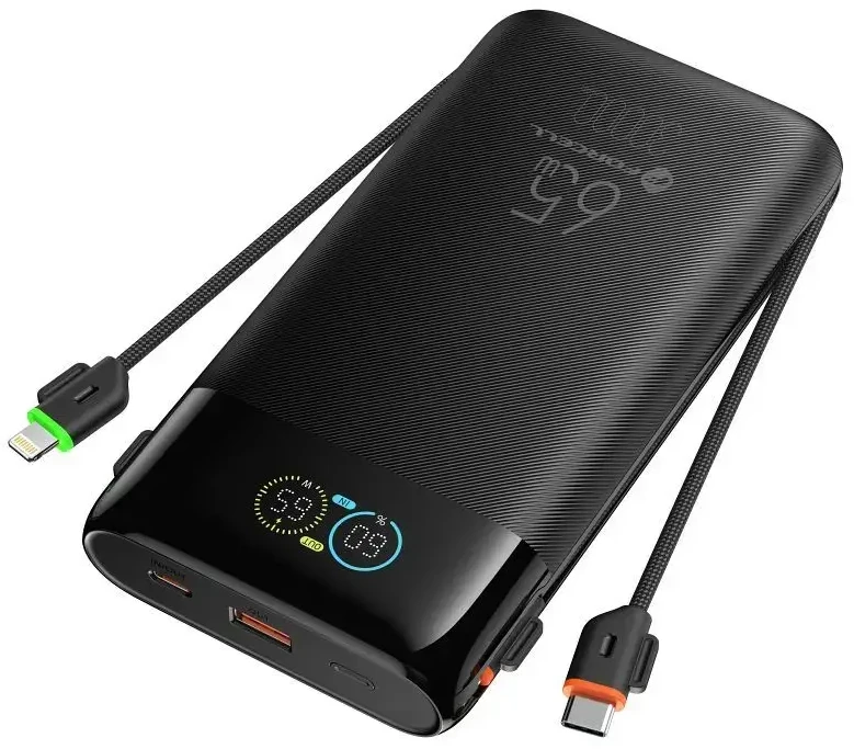 FORCELL F-ENERGY F30K6 Multicharge powerbank with built-in cables Type C and Lightning PD QC3.0 3A 65W 27000 mAh juodas