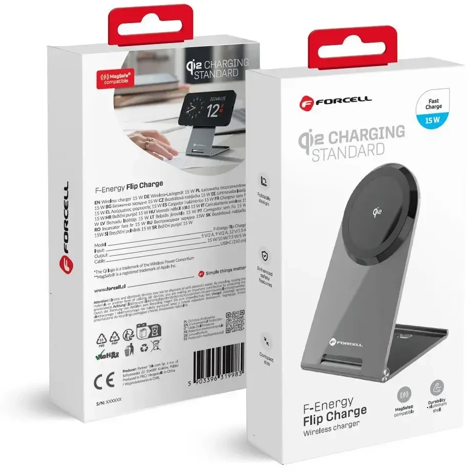 Belaidis įkroviklis Forcell F-Energy Flip Charge USB C Qi2 15W, suderinamas su MagSafe sidabrinis 0INT