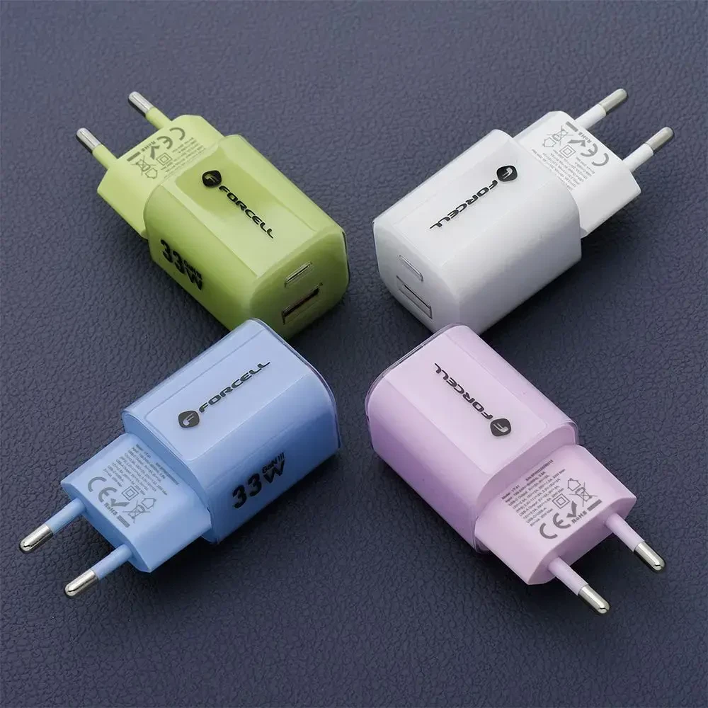 Telefono įkroviklis Forcell F-Energy GaN III Crystal Color USB C + USB A QC4.0 PD 33W + silikoninis laidas USB C į USB C VT-41 violetinė 0INT