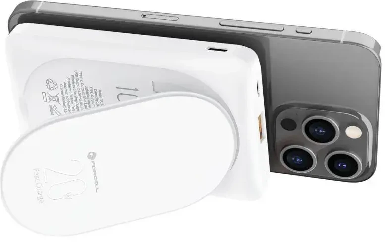 Nešiojamoji baterija, suderinama su „MagSafe Forcell F-Energy MagStand F10K2 QC3.0 PD 5A 20W 10000 mAh baltas“