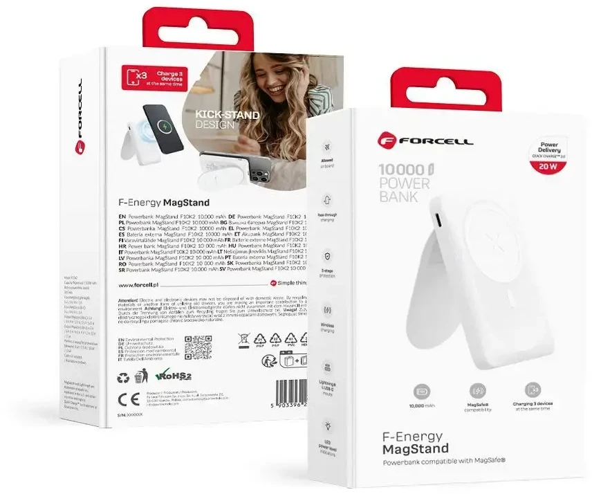 Nešiojamoji baterija, suderinama su „MagSafe Forcell F-Energy MagStand F10K2 QC3.0 PD 5A 20W 10000 mAh baltas“
