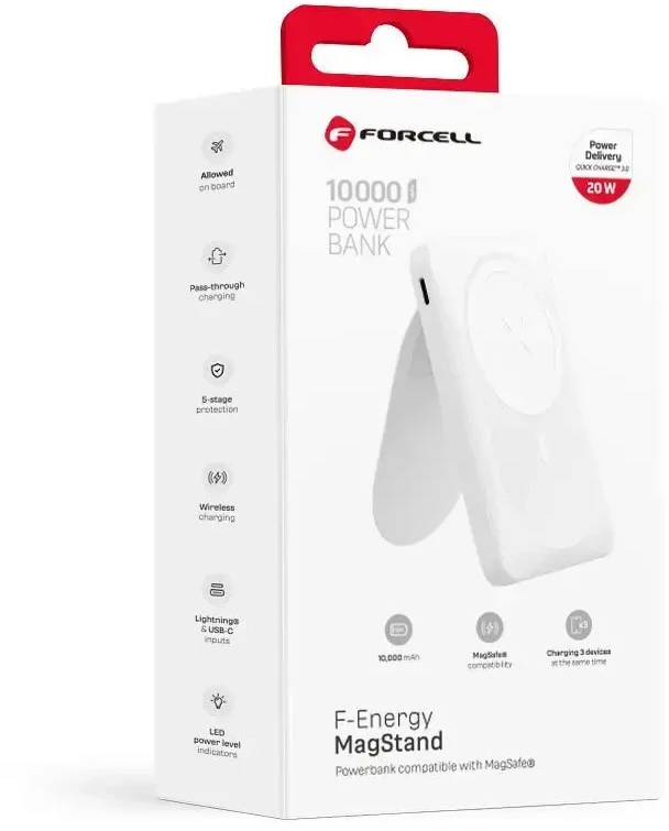 Nešiojamoji baterija, suderinama su „MagSafe Forcell F-Energy MagStand F10K2 QC3.0 PD 5A 20W 10000 mAh baltas“