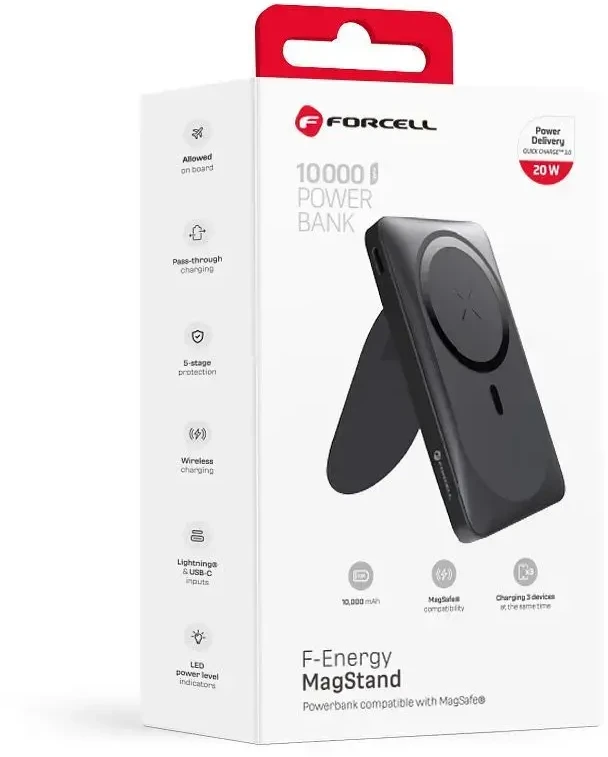 Išorinė baterija POWER BANK Forcell F-ENERGY (F10K2) 10000mAh su belaidžiu įkrovikliu (Magsafe 20W) juoda