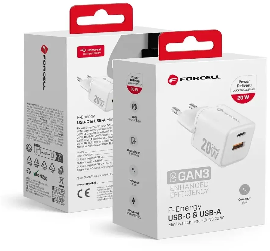 Telefono įkroviklis Forcell F-Energy Mini GaN III USB C + USB A QC4.0 PD 20W VT-35A baltas 0INT