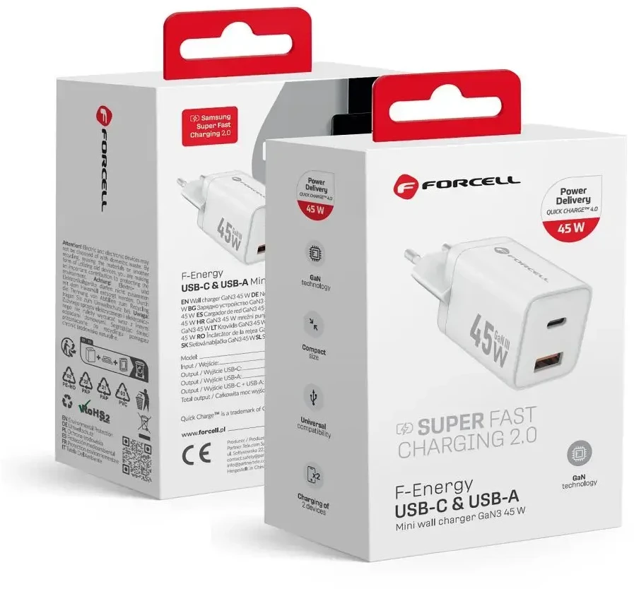 Telefono įkroviklis Forcell F-Energy Mini GaN III USB C + USB A PD QC4.0 45W VT-36 baltas