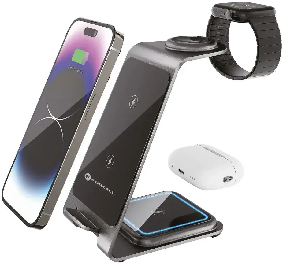 Forcell F-Energy 3in1 Simply Charge indukcinis įkroviklis, aliuminis, suderinamas su Apple Watch ir Samsung Watch, pilkas