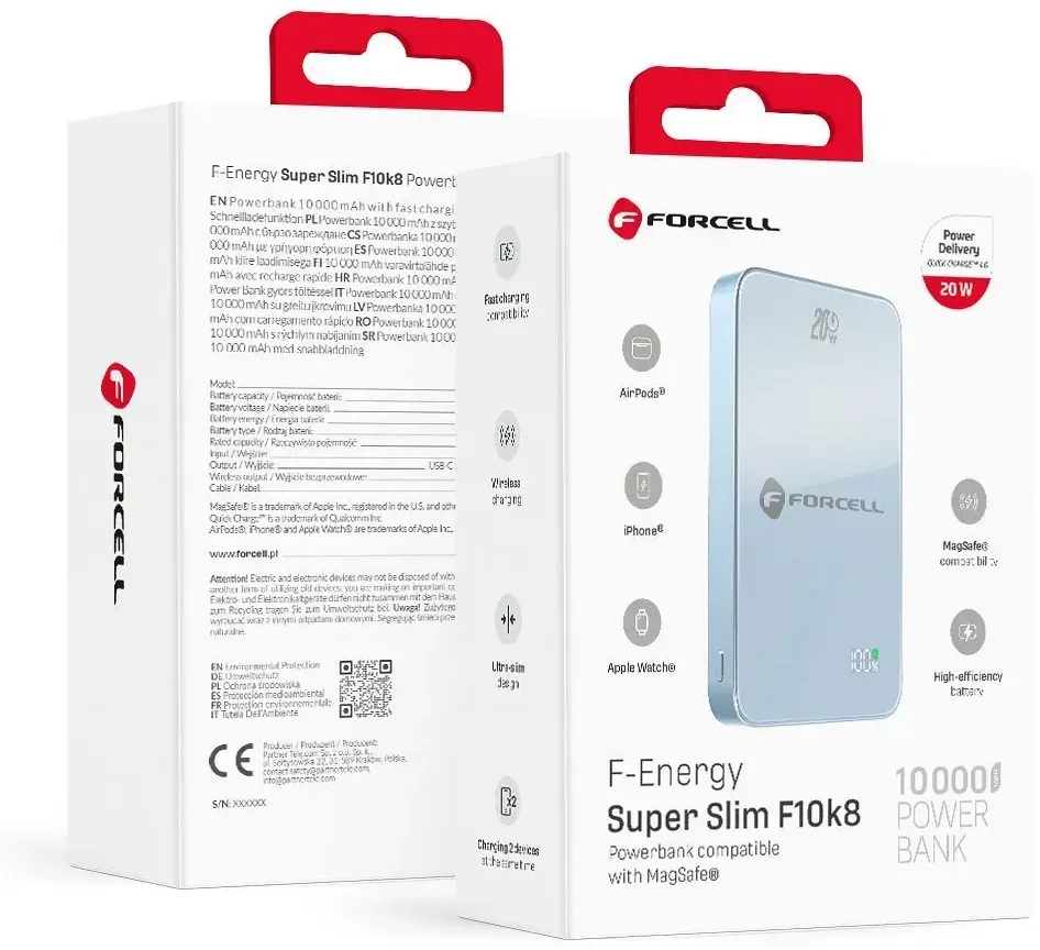 Powerbank compatible with MagSafe Forcell F-Energy SuperSlim F10K8 QC4.0 PD3.0 15W 10000 mAh mėlynas