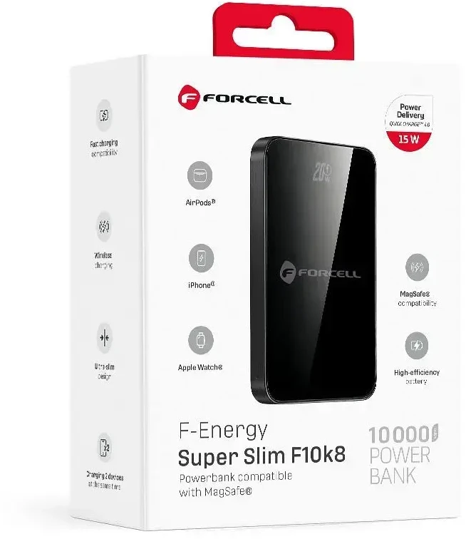 Powerbank compatible with MagSafe Forcell F-Energy SuperSlim F10K8 QC4.0 PD3.0 15W 10000 mAh juodas