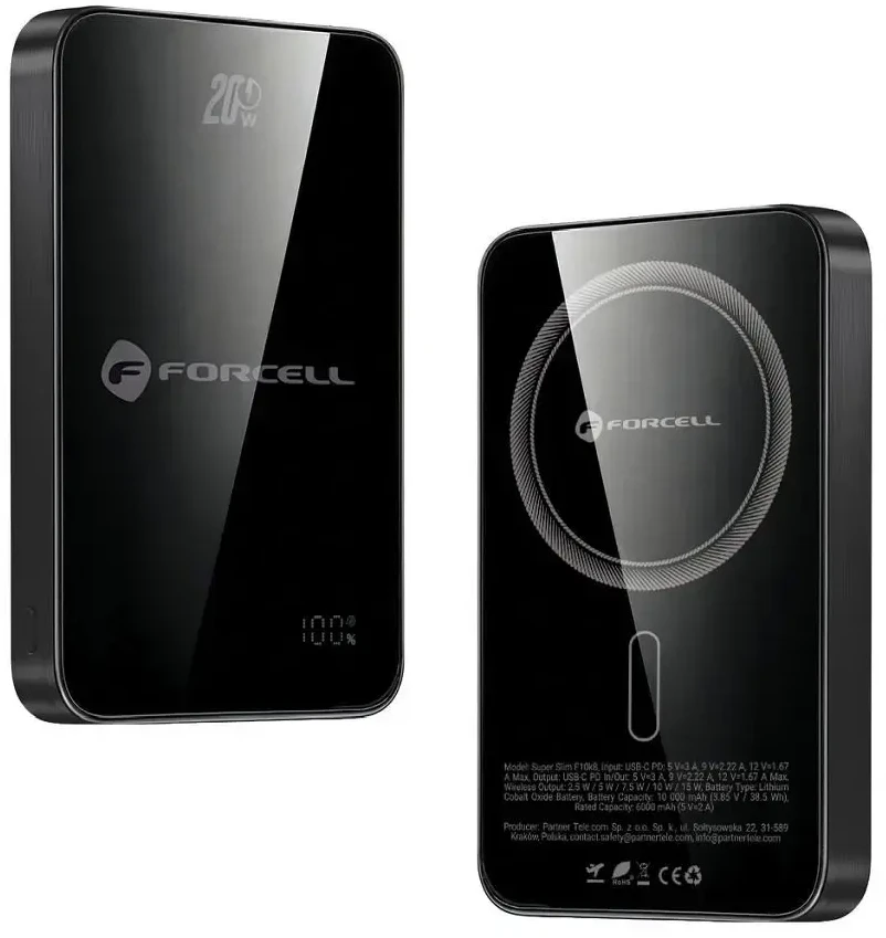 Powerbank compatible with MagSafe Forcell F-Energy SuperSlim F10K8 QC4.0 PD3.0 15W 10000 mAh juodas