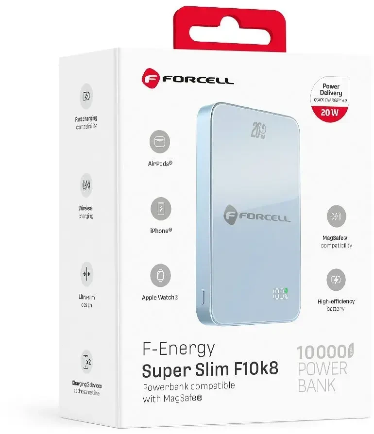Powerbank compatible with MagSafe Forcell F-Energy SuperSlim F10K8 QC4.0 PD3.0 15W 10000 mAh mėlynas