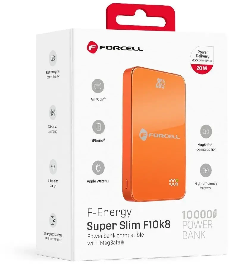 Powerbank compatible with MagSafe Forcell F-Energy SuperSlim F10K8 QC4.0 PD3.0 15W 10000 mAh oranžinis