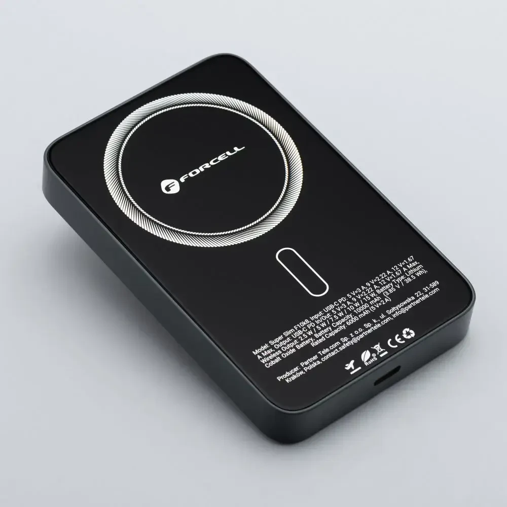 Powerbank compatible with MagSafe Forcell F-Energy SuperSlim F10K8 QC4.0 PD3.0 15W 10000 mAh juodas