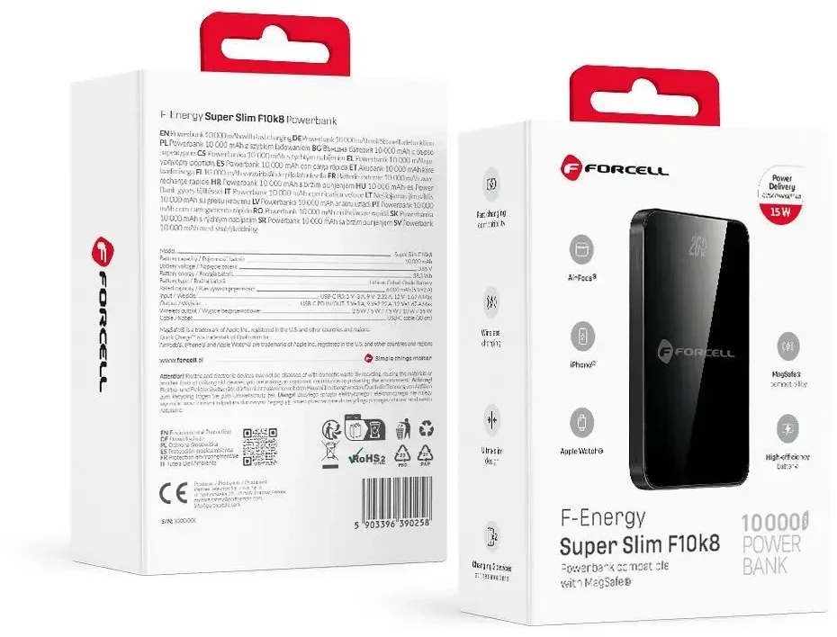 Powerbank compatible with MagSafe Forcell F-Energy SuperSlim F10K8 QC4.0 PD3.0 15W 10000 mAh juodas