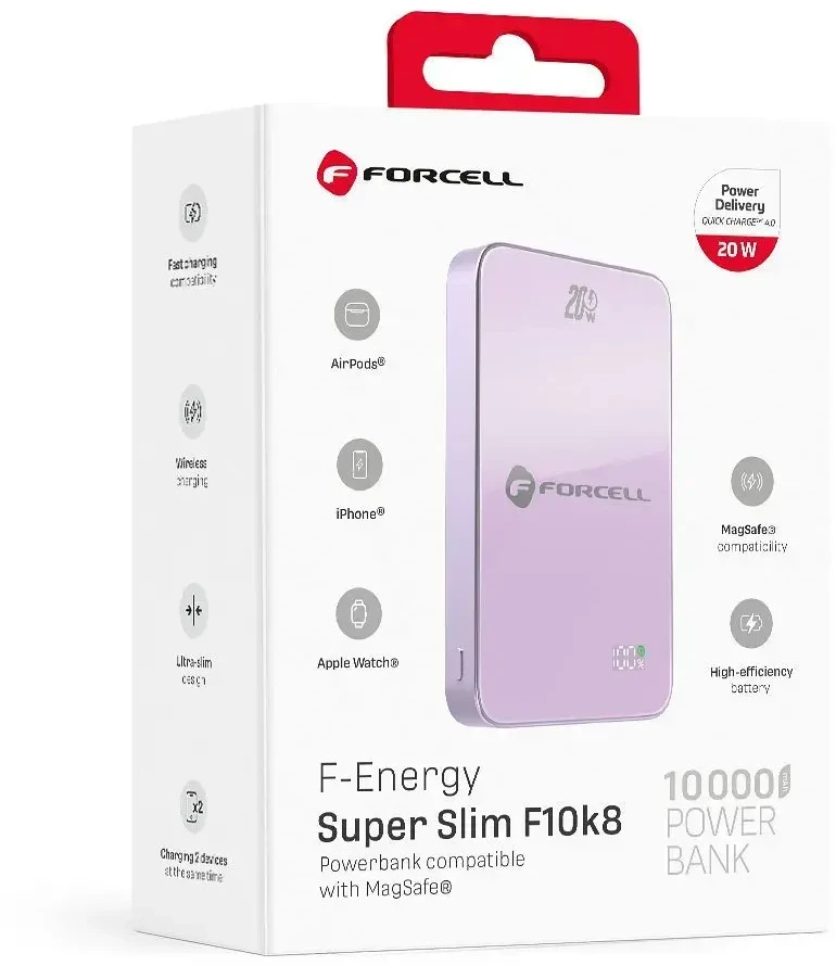 Nešiojamoji baterija, suderinama su „MagSafe Forcell F-Energy SuperSlim F10K8 QC4.0 PD3.0“ 15W 10000 mAh violetinė