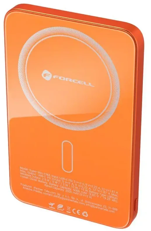 Nešiojamoji baterija, suderinama su „MagSafe Forcell F-Energy SuperSlim F5K8 QC4.0 PD3.0“ 15W 5000 mAh oranžinis
