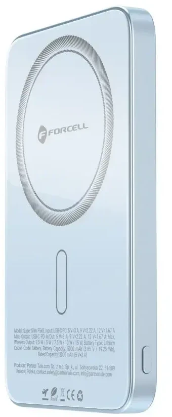 Powerbank compatible with MagSafe Forcell F-Energy SuperSlim F5K8 QC4.0 PD3.0 15W 5000 mAh mėlynas
