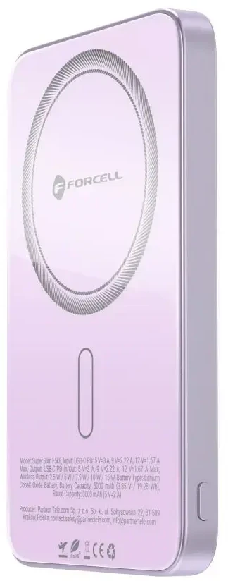 Nešiojamoji baterija, suderinama su „MagSafe Forcell F-Energy SuperSlim F5K8 QC4.0 PD3.0“ 15W 5000 mAh violetinė