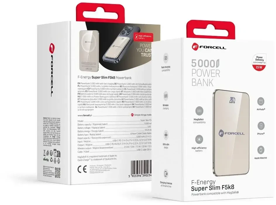 Powerbank compatible with MagSafe Forcell F-Energy SuperSlim F5K8 QC4.0 PD3.0 15W 5000 mAh titanium desert